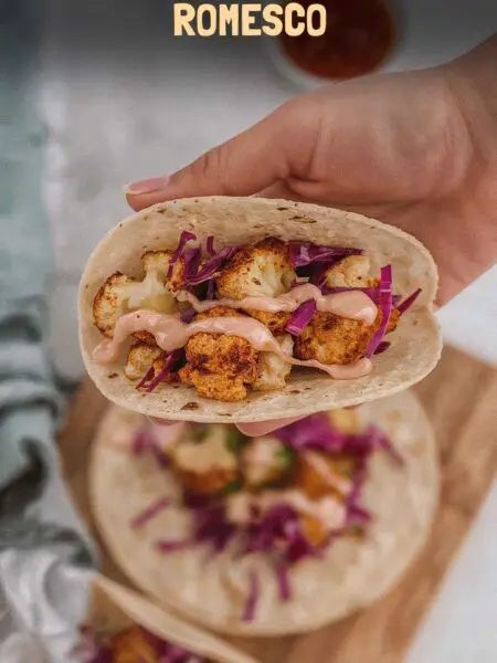 Roasted Cauliflower Tacos with Chipotle Romesco