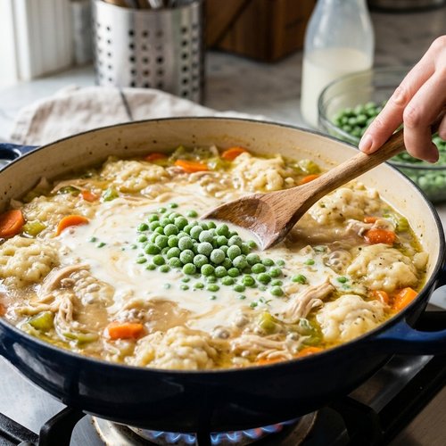 Step 6: Stir in Evaporated Milk and Peas